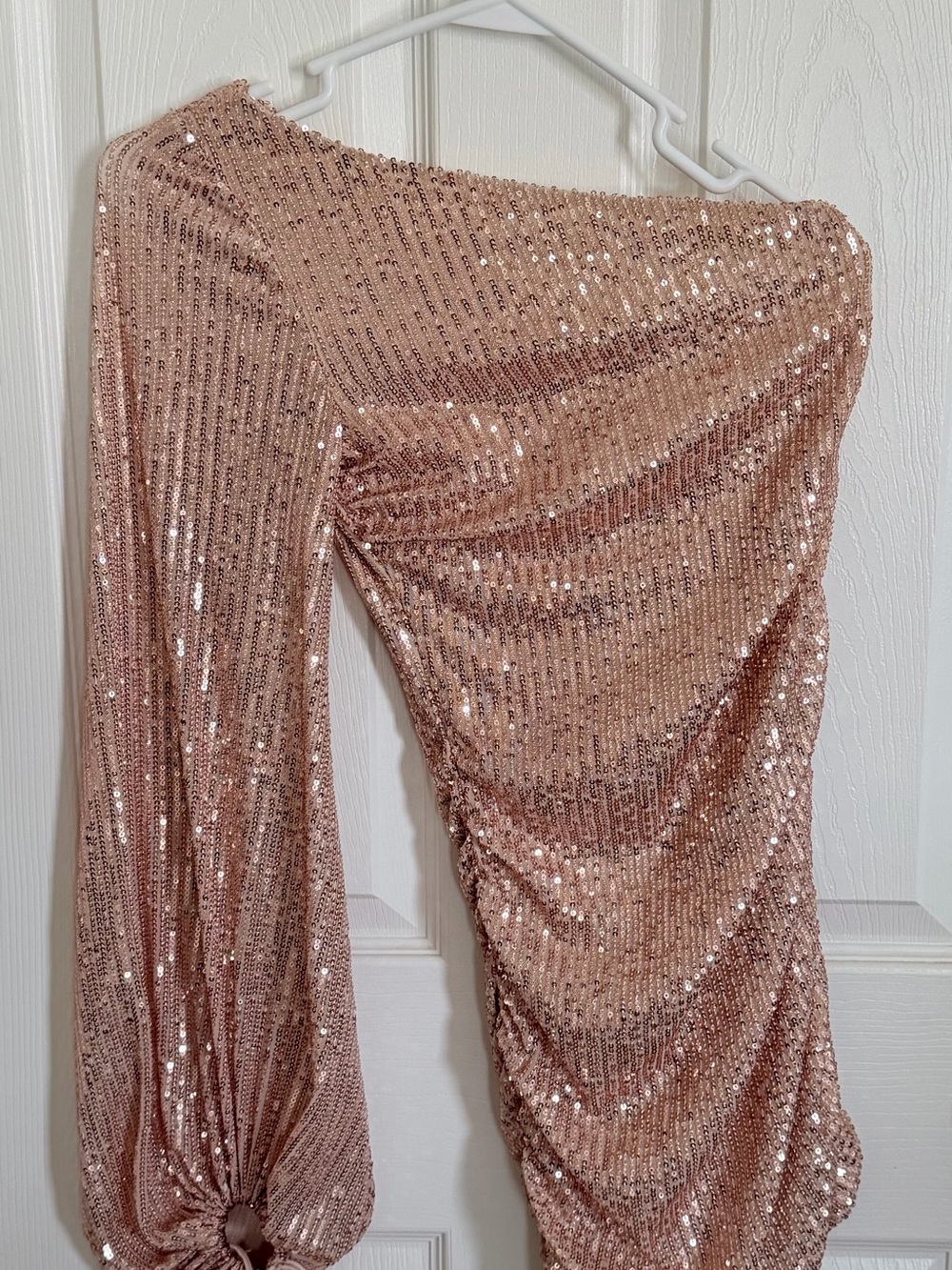Lucy in the Sky Sequin One-Shoulder Ruched Skirt - Rose Gold